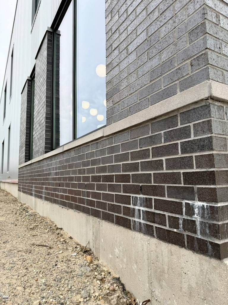 White salt bloom striping the base of a dark brick commercial wall.